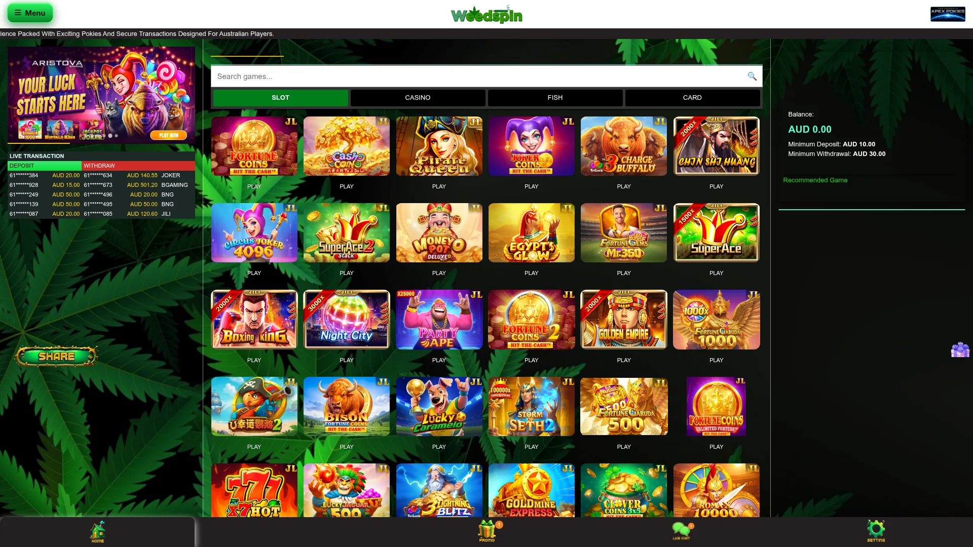 Weedspin Casino desktop account interface