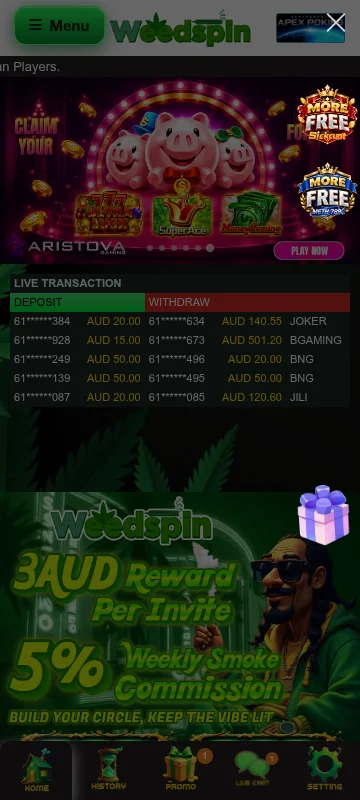 Weedspin Casino mobile browser interface on a smartphone